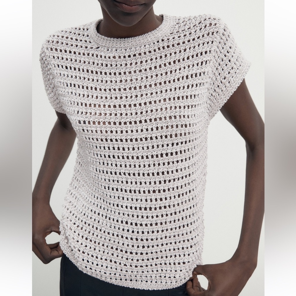 NWT. Massimo Dutti Grey/Cream Cotton/Viscose Blend Open-Knit Top. Size M.